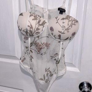White flowered bodysuit, large, sheer/mesh.
